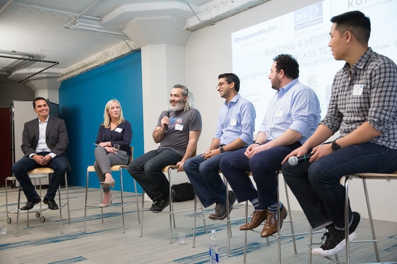 My fellow moderator, Stephanie Zeppa from Sheppard Mullin, sits with, from left, AdRoll's Aaron Bell, Floodgate's Arjun Chopra, Cisco's David Ulevitch and Luxe's Curtis Lee.